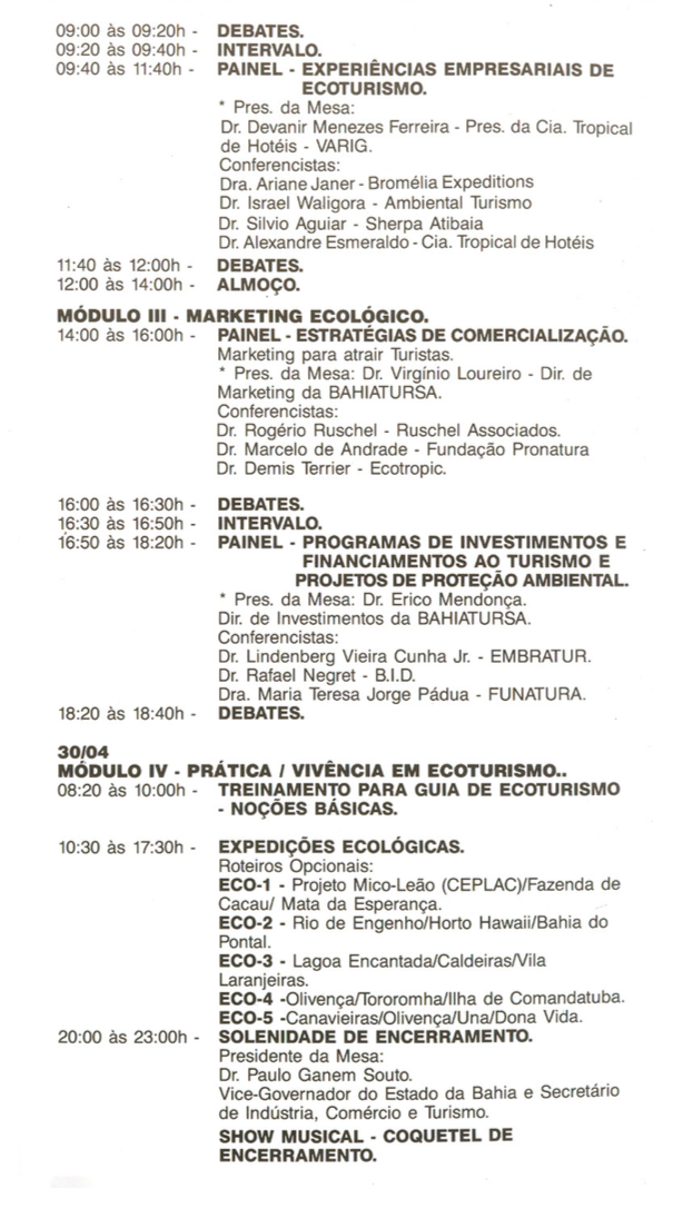 II SeminarioNacionaTurismoEcologico Ilheus1993 3 programa